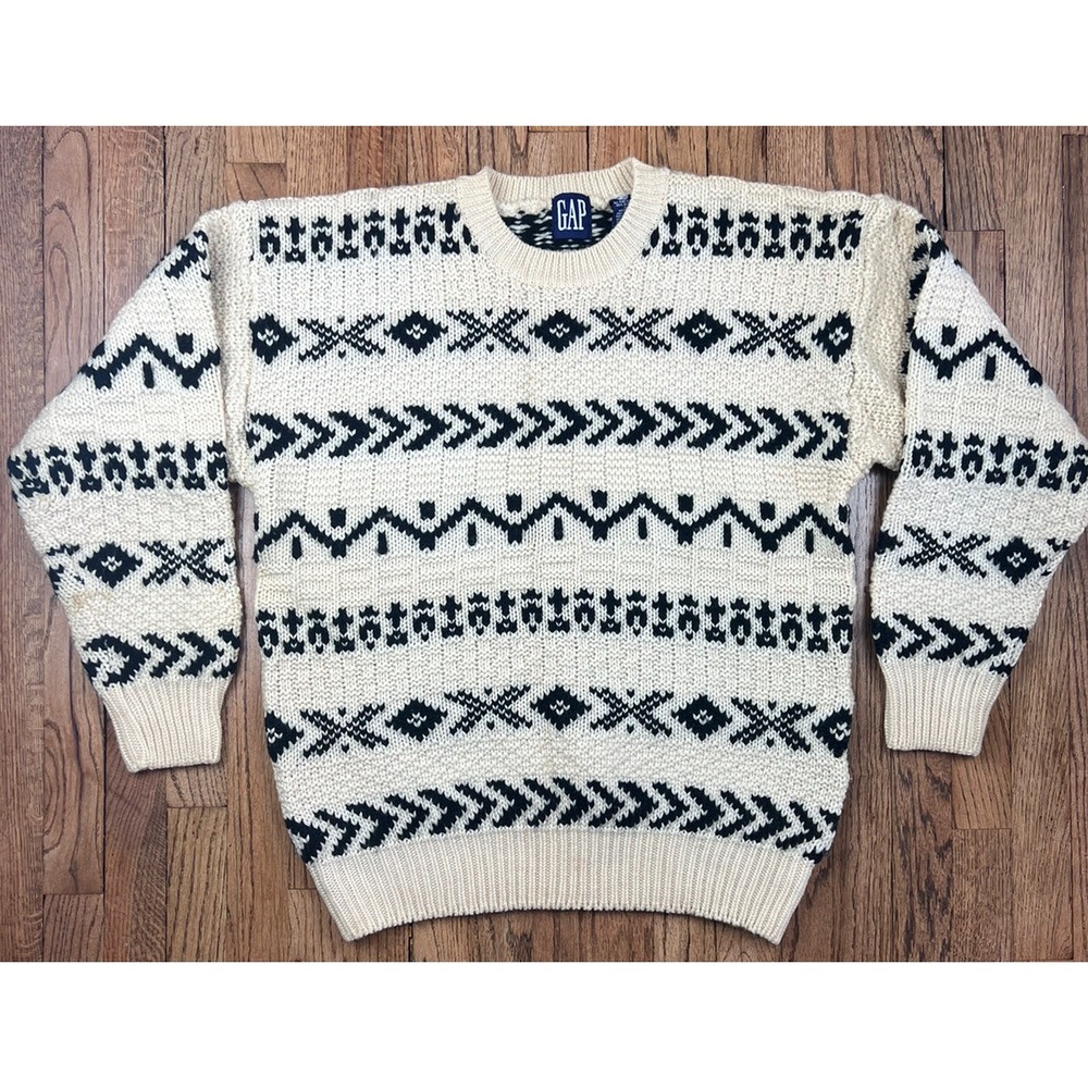Vintage Gap Cable Knit Pure Wool Sweater Heavy Men's Size Medium Ivory Geometric